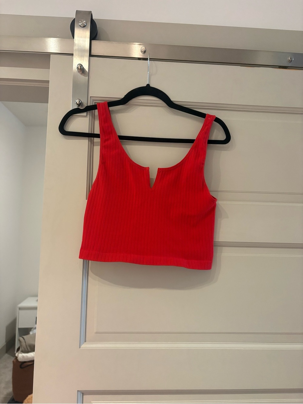 Women’s Red Ribbed V-Notch Crop Tank Top